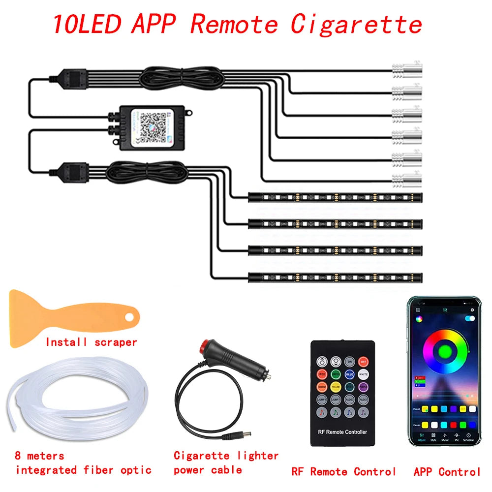 LED Car Interior Ambient Strip Lights RGB Fiber Optic Atmosphere Neon Lighting Kit W/ APP Remote Control Auto Decorative Lamps